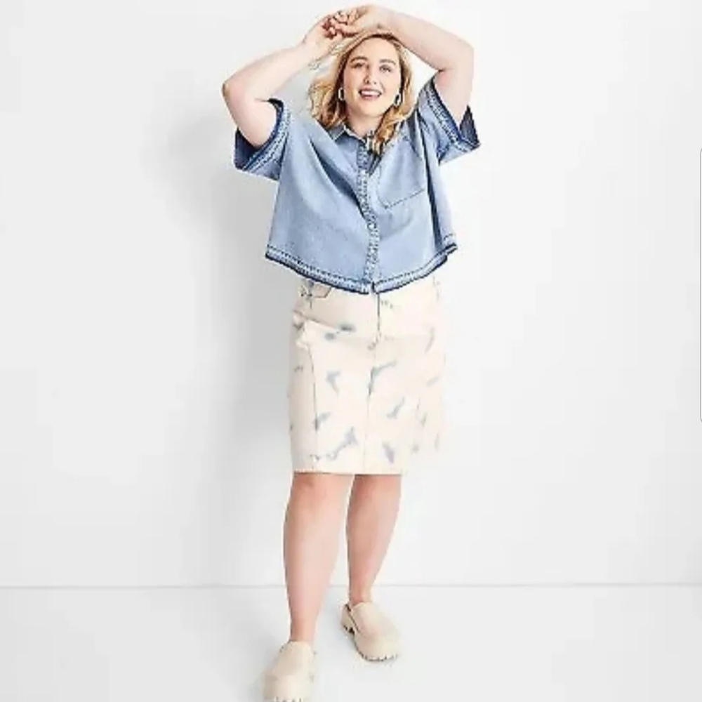 2pc Women's High-Rise Midi Denim Skirt - Future Collective & Denim Shirt